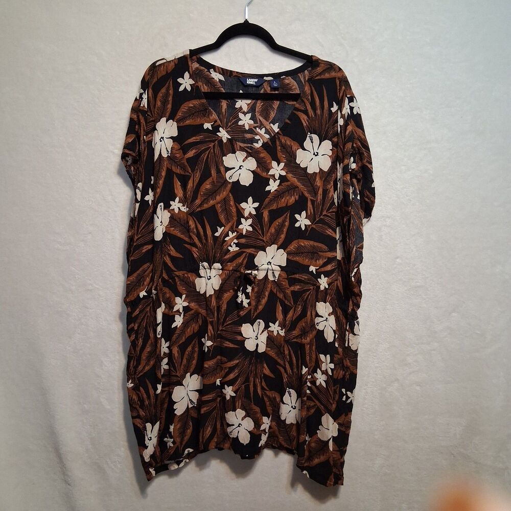 Land's End L Swim Cover Kimono Drawstring Waist Mini Dress Brown Tropical Resort